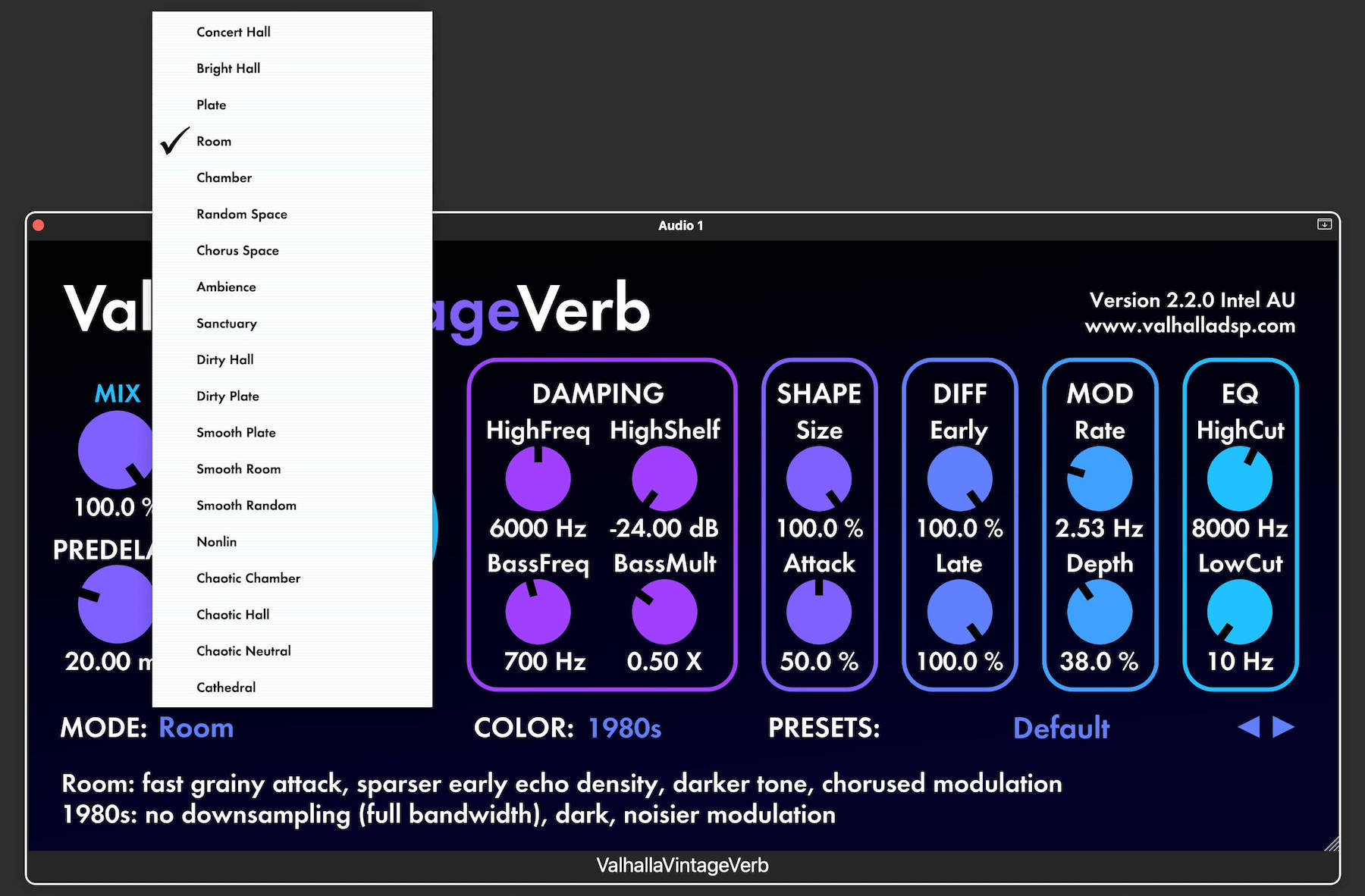 Valhalla VintageVerb reverb modes