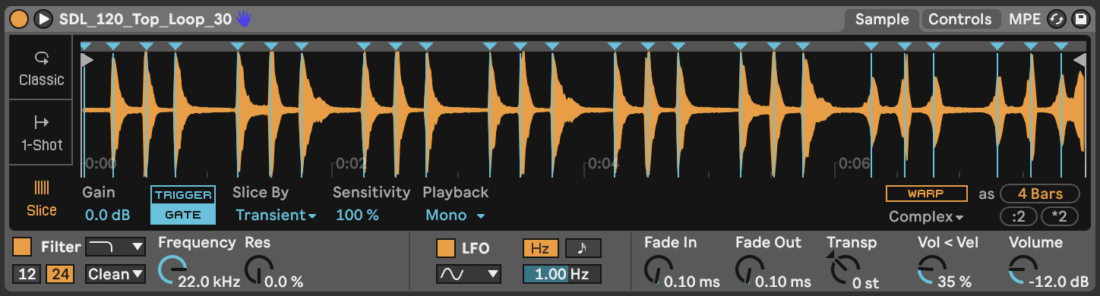 Ableton Simpler transient mode